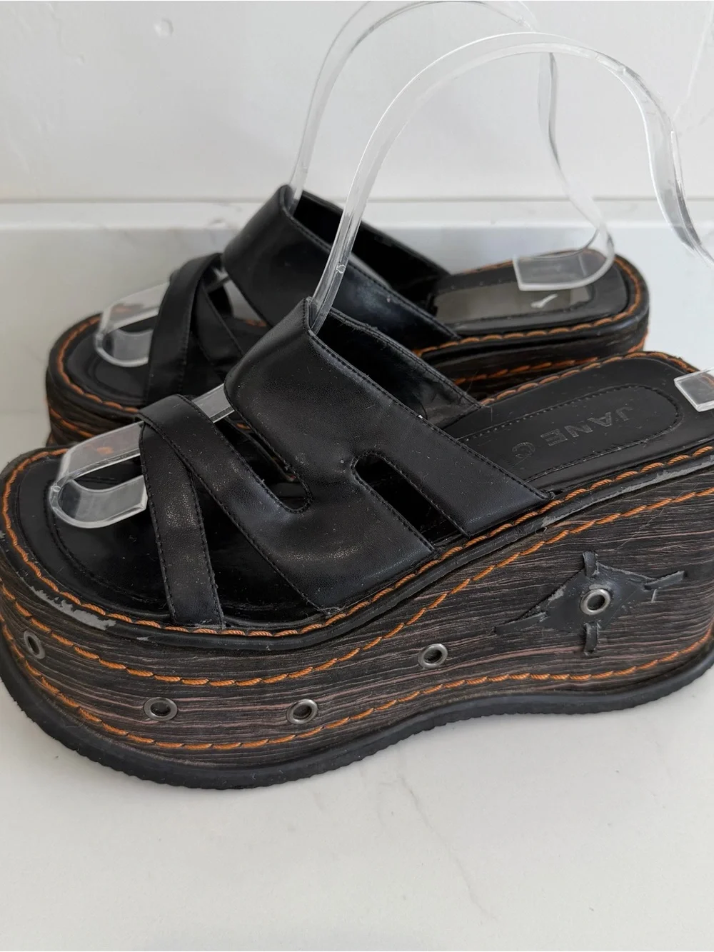 Vintage Jane C Chunky Wedge Sandals Gothic 90s Y2K Black Foam Faux Leather